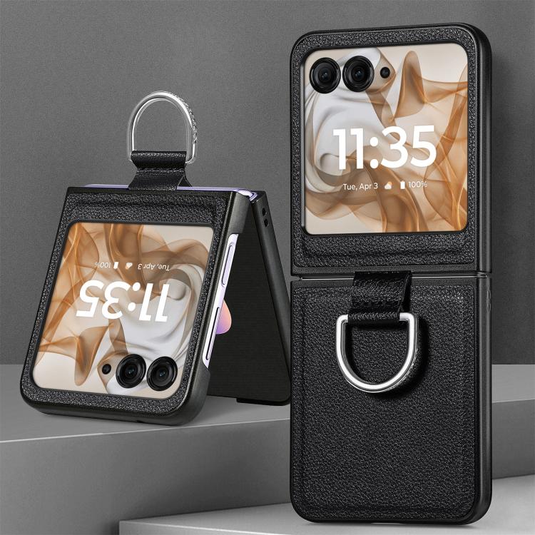 For Motorola Razr 50 Ultra Litchi Texture Leather Ring Fold Phone Case(Black) by buy2fix