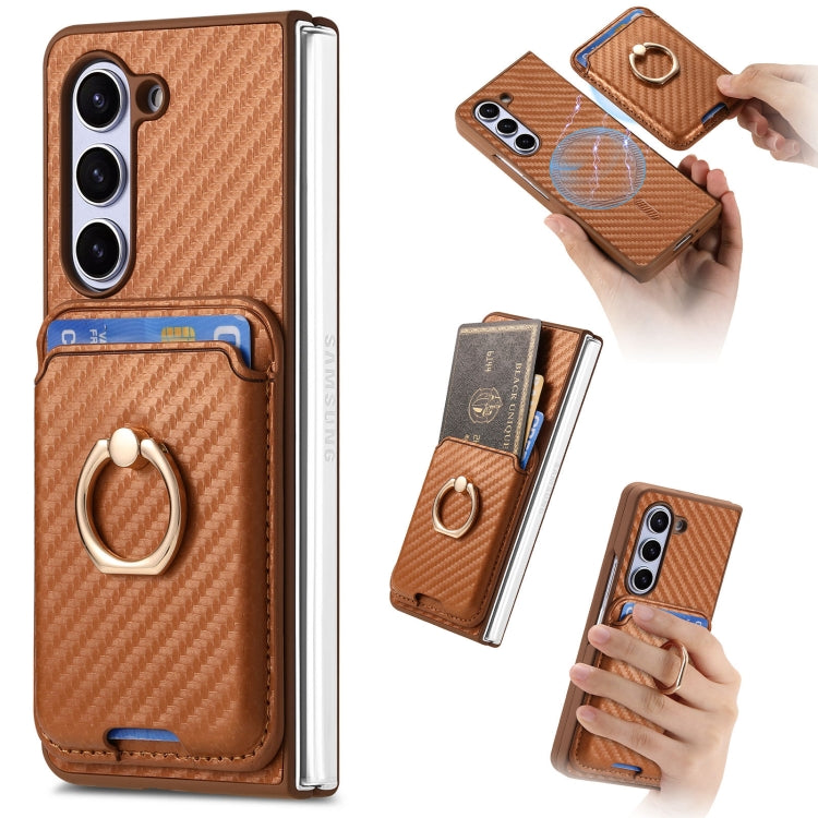 For Samsung Galaxy Z Fold6 Carbon Fiber Ring Card Bag Magsafe Phone Case(Brown) by buy2fix