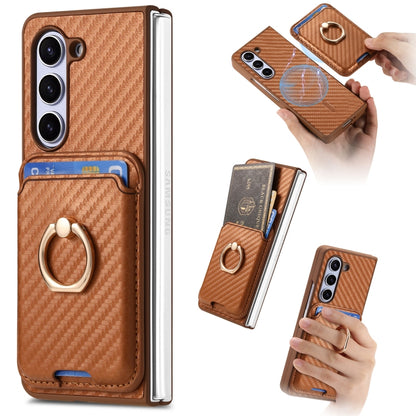 For Samsung Galaxy Z Fold6 Carbon Fiber Ring Card Bag Magsafe Phone Case(Brown) by buy2fix