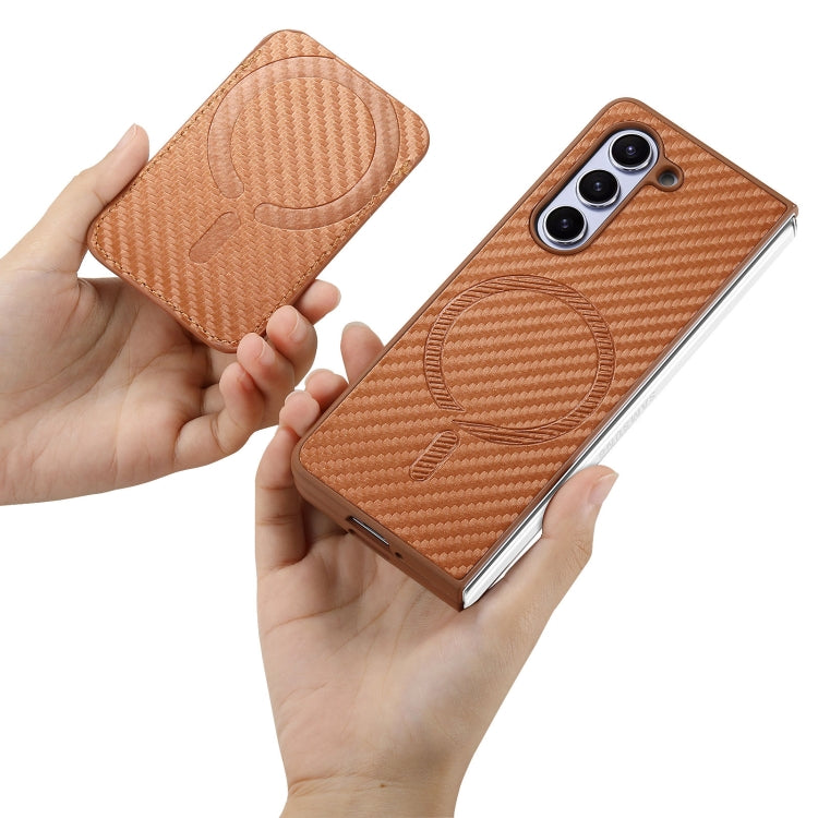 For Samsung Galaxy Z Fold6 Carbon Fiber Ring Card Bag Magsafe Phone Case(Brown) by buy2fix