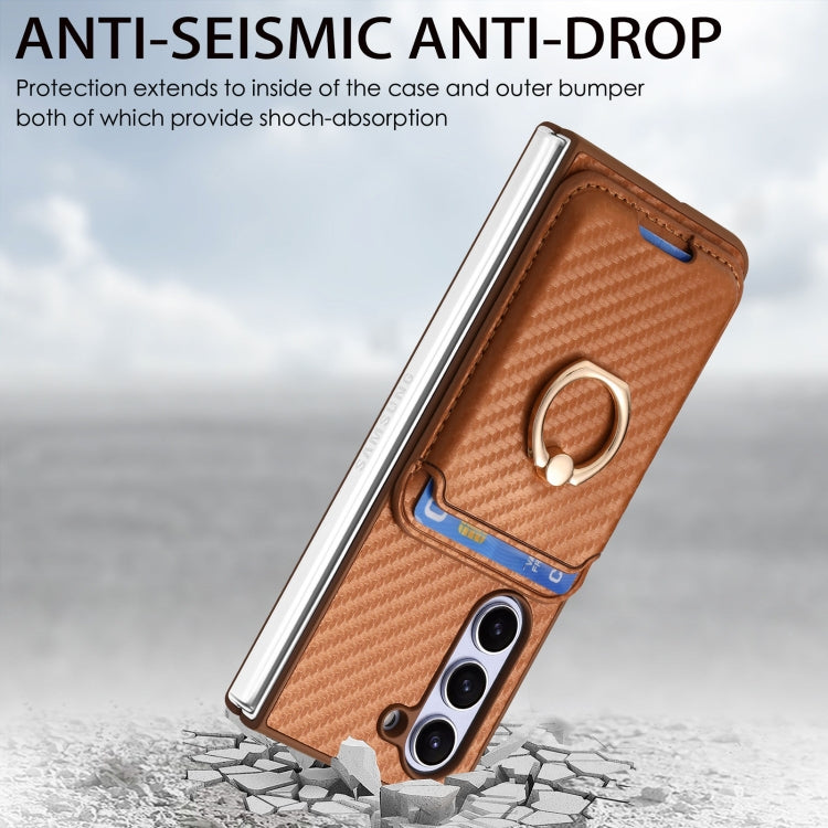 For Samsung Galaxy Z Fold6 Carbon Fiber Ring Card Bag Magsafe Phone Case(Brown) by buy2fix