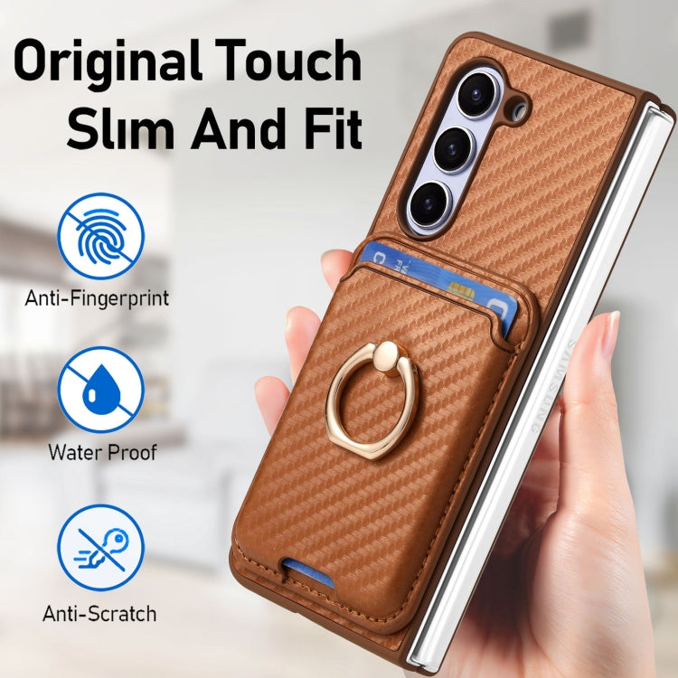 For Samsung Galaxy Z Fold6 Carbon Fiber Ring Card Bag Magsafe Phone Case(Brown) by buy2fix
