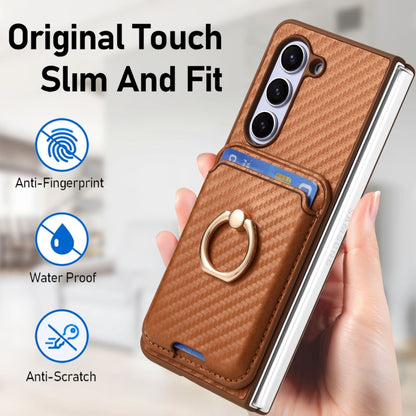 For Samsung Galaxy Z Fold6 Carbon Fiber Ring Card Bag Magsafe Phone Case(Brown) by buy2fix