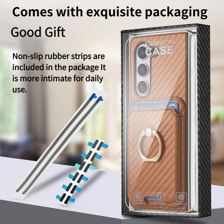 For Samsung Galaxy Z Fold6 Carbon Fiber Ring Card Bag Magsafe Phone Case(Brown) by buy2fix