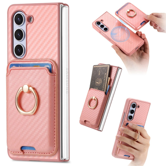 For Samsung Galaxy Z Fold6 Carbon Fiber Ring Card Bag Magsafe Phone Case(Pink) by buy2fix
