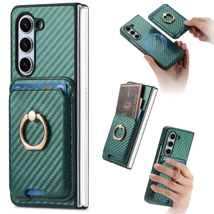 For Samsung Galaxy Z Fold6 Carbon Fiber Ring Card Bag Magsafe Phone Case(Green) by buy2fix