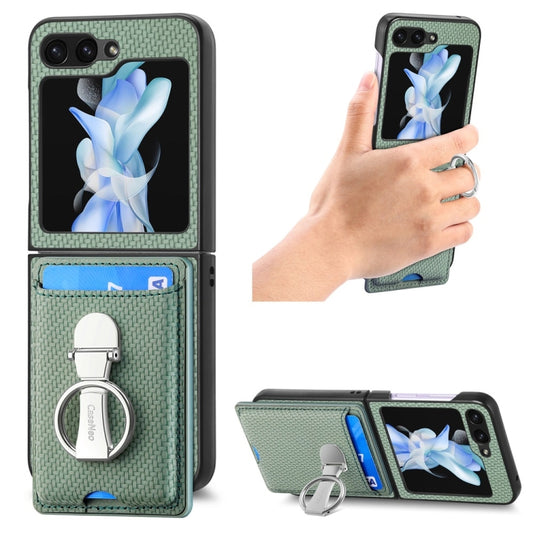 For Samsung Galaxy Z Flip6 / Flip7 FE JUNSUNMAY Carbon Fiber Leather Skin PC Folding Phone Case with Phone Ring(Green) - Galaxy Z Flip6 5G Cases by JUNSUNMAY | Online Shopping UK | buy2fix