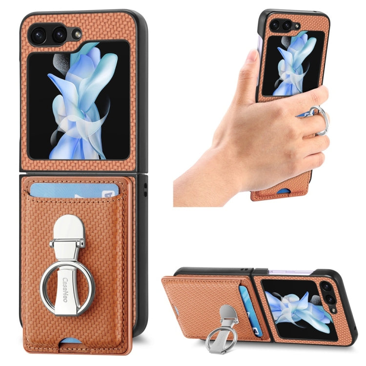 For Samsung Galaxy Z Flip6 / Flip7 FE JUNSUNMAY Carbon Fiber Leather Skin PC Folding Phone Case with Phone Ring(Brown) - Galaxy Z Flip6 5G Cases by JUNSUNMAY | Online Shopping UK | buy2fix