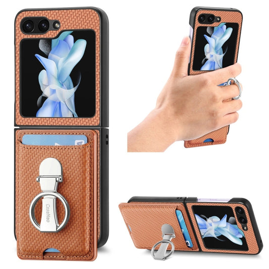 For Samsung Galaxy Z Flip6 / Flip7 FE JUNSUNMAY Carbon Fiber Leather Skin PC Folding Phone Case with Phone Ring(Brown) - Galaxy Z Flip6 5G Cases by JUNSUNMAY | Online Shopping UK | buy2fix
