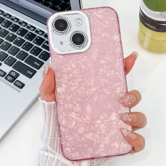 For iPhone 16 Plating Glitter Texture TPU Phone Case with Lens Film(Pink Shell Pattern)
