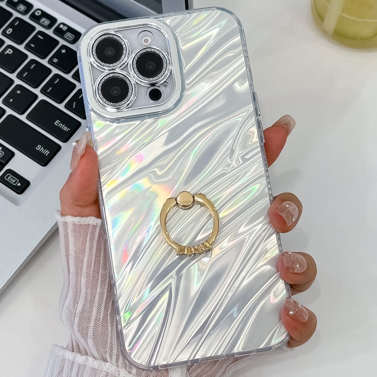 For iPhone 16 Pro Max Plating Glitter Texture Ring Holder TPU Phone Case with Lens Film(White Water Ripples) by buy2fix
