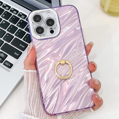 For iPhone 16 Pro Max Plating Glitter Texture Ring Holder TPU Phone Case with Lens Film(Purple Water Ripples) by buy2fix