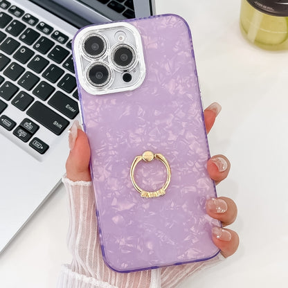For iPhone 16 Pro Max Plating Glitter Texture Ring Holder TPU Phone Case with Lens Film(Purple Shell Pattern) by buy2fix