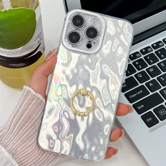 For iPhone 16 Pro Max Plating Glitter Texture Ring Holder TPU Phone Case with Lens Film(White Wrinkles) by buy2fix