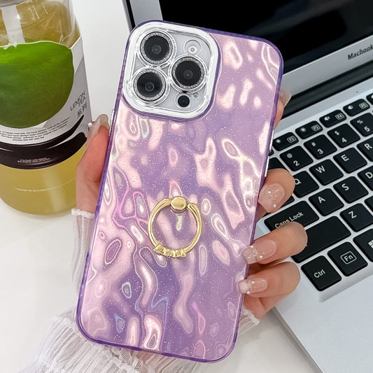 For iPhone 16 Pro Max Plating Glitter Texture Ring Holder TPU Phone Case with Lens Film(Purple Wrinkles) by buy2fix