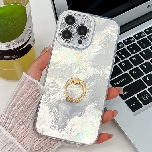 For iPhone 16 Pro Max Plating Glitter Texture Ring Holder TPU Phone Case with Lens Film(White Tinfoil Texture) by buy2fix