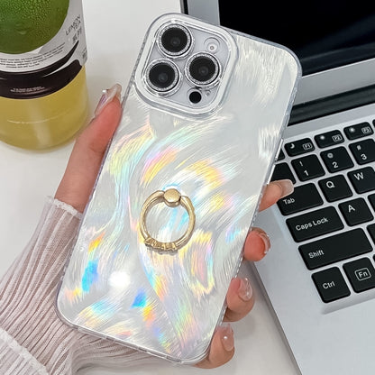 For iPhone 16 Pro Max Plating Glitter Texture Ring Holder TPU Phone Case with Lens Film(White Feather Yarn) by buy2fix