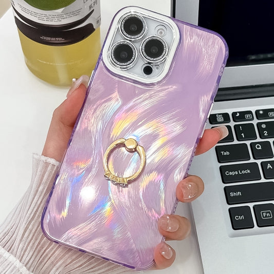 For iPhone 16 Pro Max Plating Glitter Texture Ring Holder TPU Phone Case with Lens Film(Purple Feather Yarn) by buy2fix