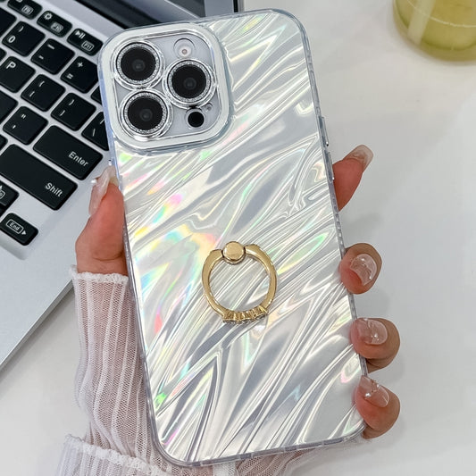 For iPhone 16 Pro Plating Glitter Texture Ring Holder TPU Phone Case with Lens Film(White Water Ripples) by buy2fix