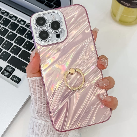 For iPhone 16 Pro Plating Glitter Texture Ring Holder TPU Phone Case with Lens Film(Pink Water Ripples) by buy2fix