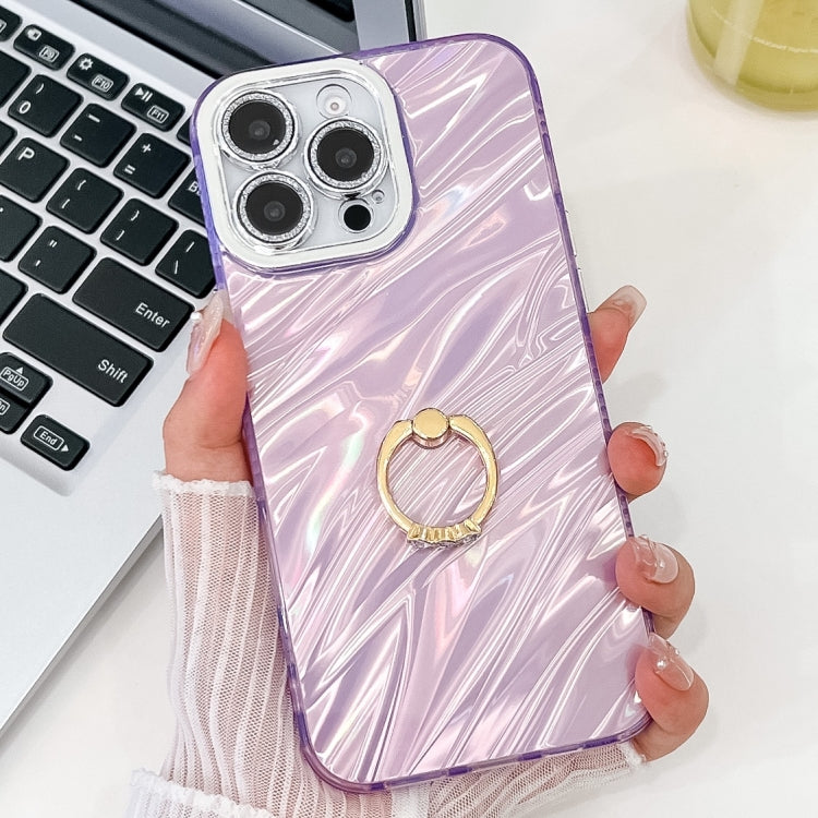 For iPhone 16 Pro Plating Glitter Texture Ring Holder TPU Phone Case with Lens Film(Purple Water Ripples) by buy2fix