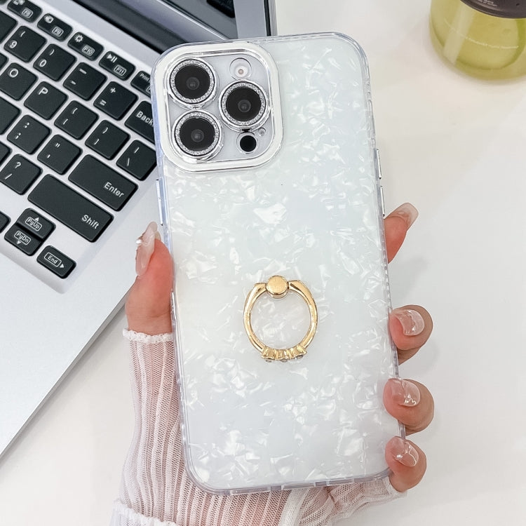 For iPhone 16 Pro Plating Glitter Texture Ring Holder TPU Phone Case with Lens Film(White Shell Grain) by buy2fix