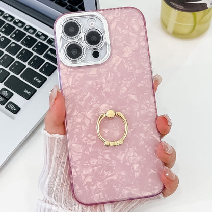 For iPhone 16 Pro Plating Glitter Texture Ring Holder TPU Phone Case with Lens Film(Pink Shell Pattern) by buy2fix