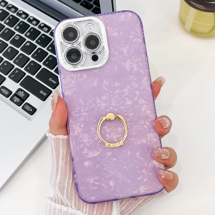 For iPhone 16 Pro Plating Glitter Texture Ring Holder TPU Phone Case with Lens Film(Purple Shell Pattern) by buy2fix