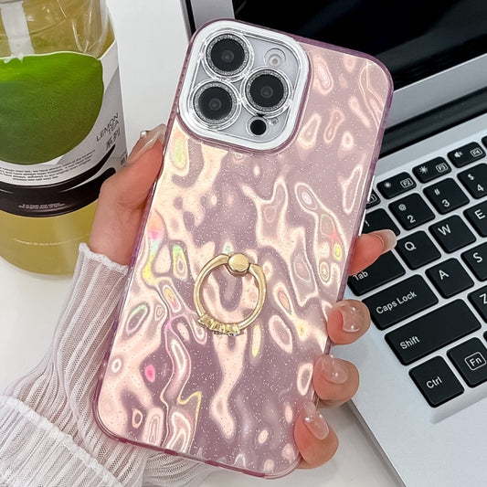 For iPhone 16 Pro Plating Glitter Texture Ring Holder TPU Phone Case with Lens Film(Pink Wrinkles) by buy2fix