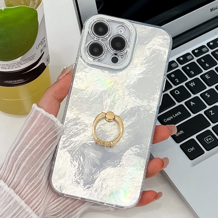 For iPhone 16 Pro Plating Glitter Texture Ring Holder TPU Phone Case with Lens Film(White Tinfoil Texture) by buy2fix