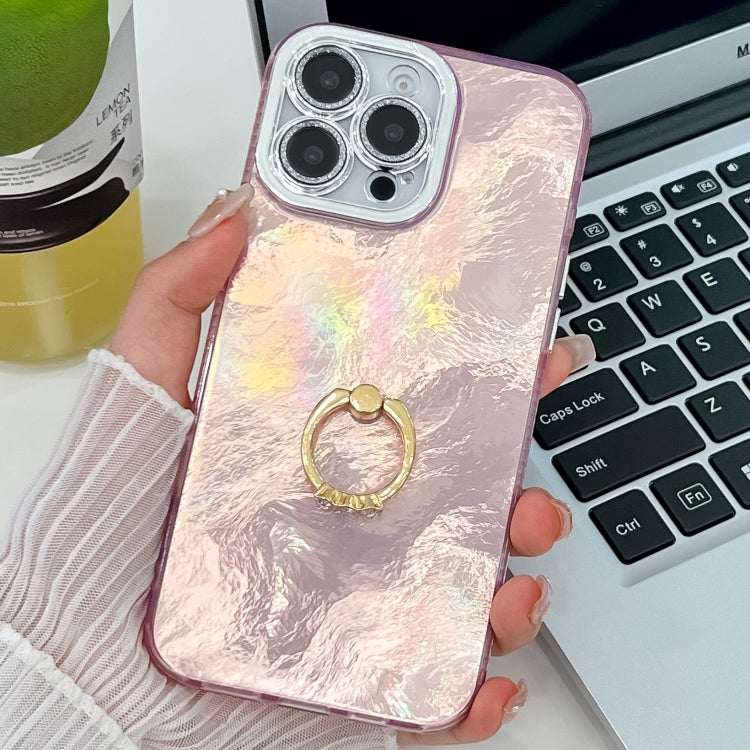 For iPhone 16 Pro Plating Glitter Texture Ring Holder TPU Phone Case with Lens Film(Pink Tinfoil Texture) by buy2fix