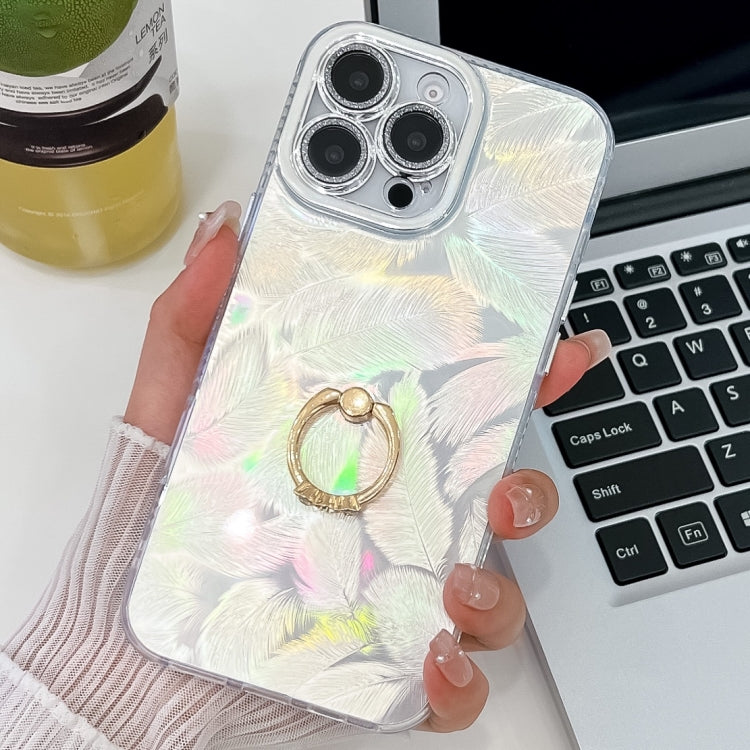 For iPhone 16 Pro Plating Glitter Texture Ring Holder TPU Phone Case with Lens Film(White Feathers) by buy2fix