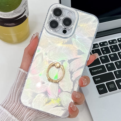 For iPhone 16 Pro Plating Glitter Texture Ring Holder TPU Phone Case with Lens Film(White Feathers) by buy2fix