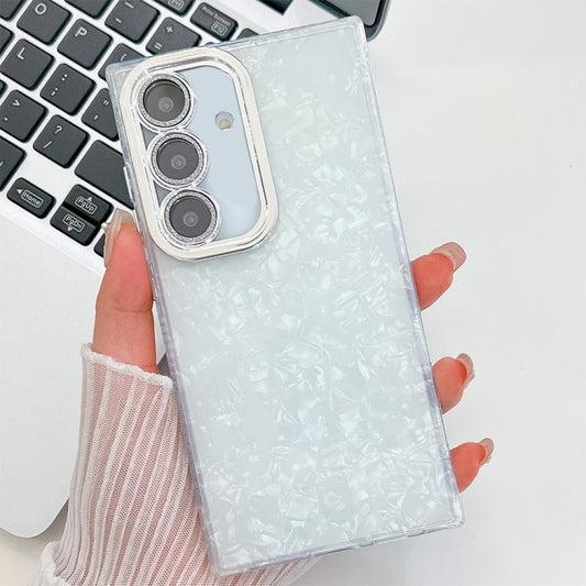 For Samsung Galaxy S25 5G Plating Glitter Texture TPU Phone Case with Lens Film(White Shell Pattern) by buy2fix