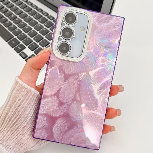 For Samsung Galaxy S25+ 5G Plating Glitter Texture TPU Phone Case with Lens Film(Purple Feathers) - Galaxy S25+ 5G Cases by buy2fix | Online Shopping UK | buy2fix