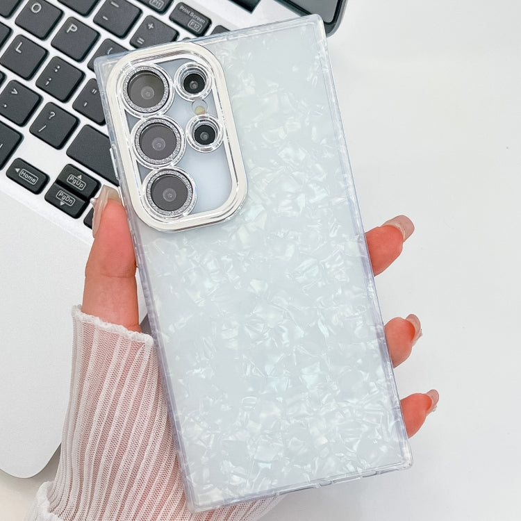 For Samsung Galaxy S25 Ultra 5G Plating Glitter Texture TPU Phone Case with Lens Film(White Shell Pattern) by buy2fix