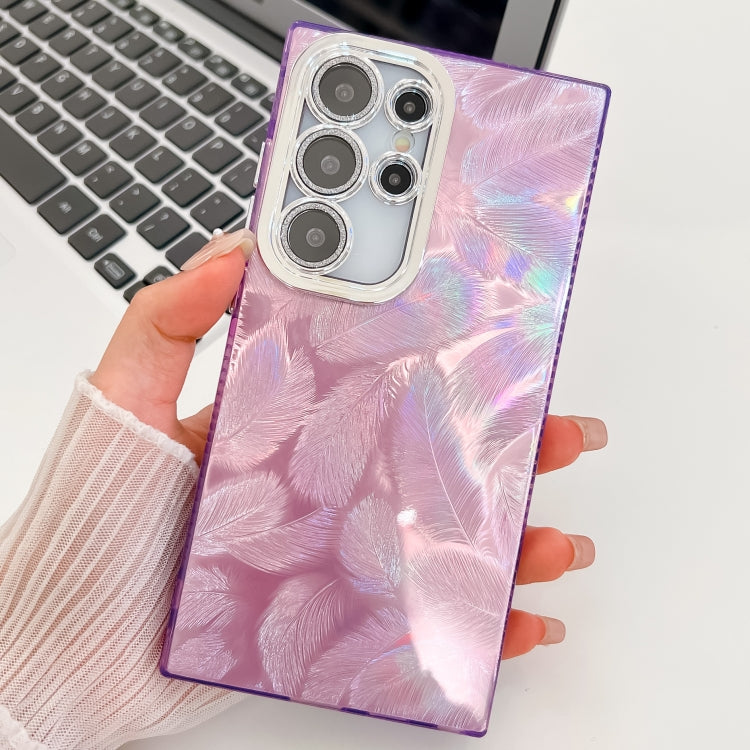 For Samsung Galaxy S25 Ultra 5G Plating Glitter Texture TPU Phone Case with Lens Film(Purple Feathers) by buy2fix