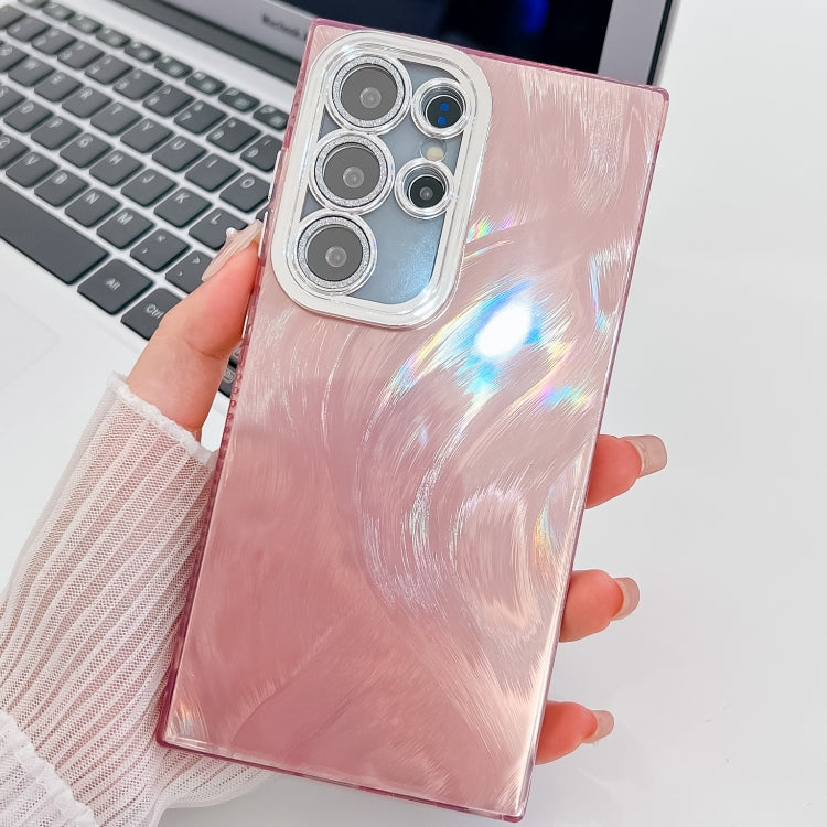 For Samsung Galaxy S25 Ultra 5G Plating Glitter Texture TPU Phone Case with Lens Film(Pink Feather Yarn) by buy2fix