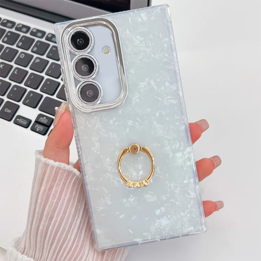 For Samsung Galaxy S25 5G Plating Glitter Texture Ring Holder TPU Phone Case with Lens Film(White Shell Pattern) by buy2fix