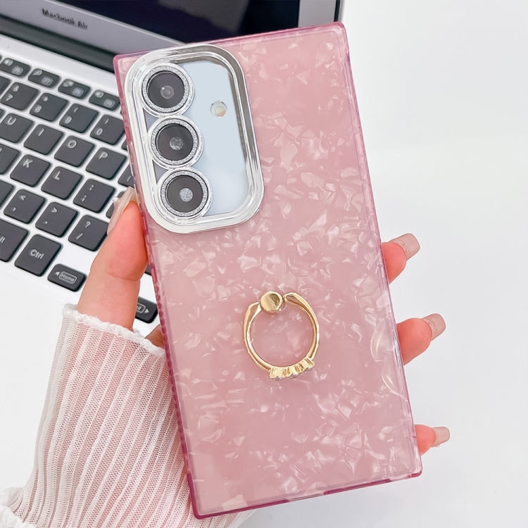 For Samsung Galaxy S25 5G Plating Glitter Texture Ring Holder TPU Phone Case with Lens Film(Pink Shell Pattern) by buy2fix