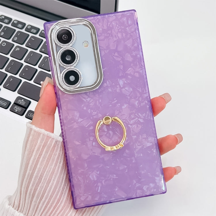 For Samsung Galaxy S25 5G Plating Glitter Texture Ring Holder TPU Phone Case with Lens Film(Purple Shell Pattern) by buy2fix