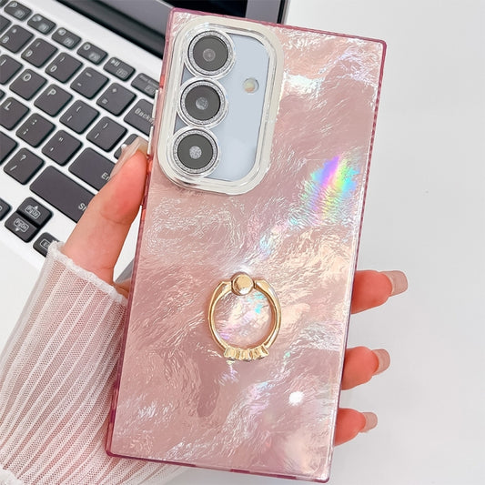 For Samsung Galaxy S25 5G Plating Glitter Texture Ring Holder TPU Phone Case with Lens Film(Pink Tinfoil Texture) by buy2fix