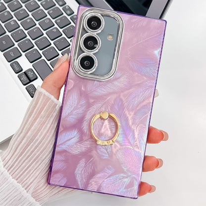 For Samsung Galaxy S25+ 5G Plating Glitter Texture Ring Holder TPU Phone Case with Lens Film(Purple Feathers) by buy2fix