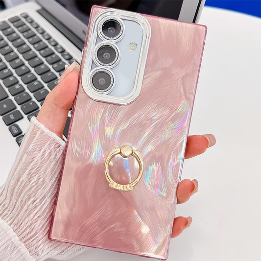 For Samsung Galaxy S25+ 5G Plating Glitter Texture Ring Holder TPU Phone Case with Lens Film(Pink Feather Yarn) - Galaxy S25+ 5G Cases by buy2fix | Online Shopping UK | buy2fix