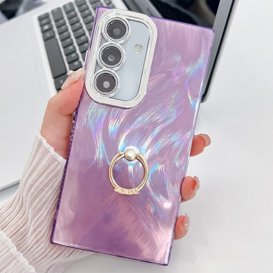 For Samsung Galaxy S25+ 5G Plating Glitter Texture Ring Holder TPU Phone Case with Lens Film(Purple Feather Yarn) - Galaxy S25+ 5G Cases by buy2fix | Online Shopping UK | buy2fix