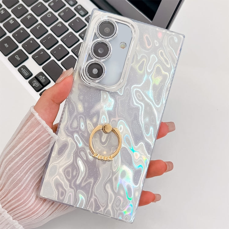 For Samsung Galaxy S25+ 5G Plating Glitter Texture Ring Holder TPU Phone Case with Lens Film(White Wrinkles) by buy2fix