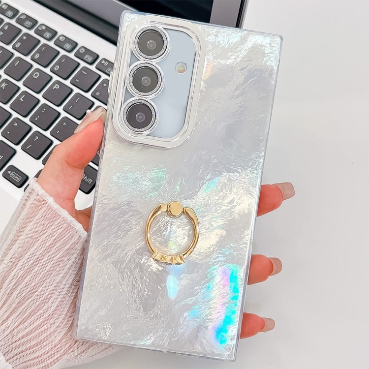 For Samsung Galaxy S25+ 5G Plating Glitter Texture Ring Holder TPU Phone Case with Lens Film(White Tinfoil Texture) by buy2fix