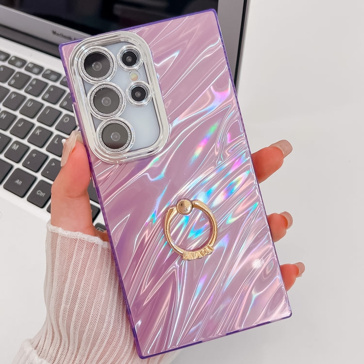 For Samsung Galaxy S25 Ultra 5G Plating Glitter Texture Ring Holder TPU Phone Case with Lens Film(Purple Water Ripples) by buy2fix