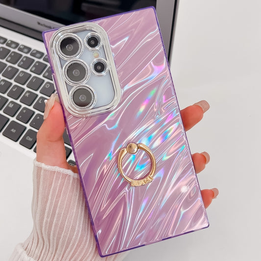 For Samsung Galaxy S25 Ultra 5G Plating Glitter Texture Ring Holder TPU Phone Case with Lens Film(Purple Water Ripples) by buy2fix