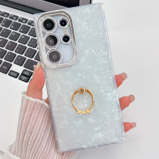 For Samsung Galaxy S25 Ultra 5G Plating Glitter Texture Ring Holder TPU Phone Case with Lens Film(White Shell Pattern) by buy2fix